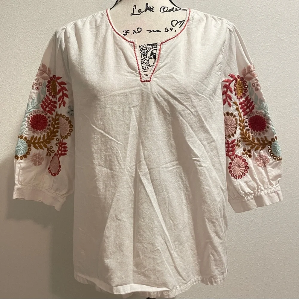 Madewell Blouse White Colorful Embroidered Popover Sleeve Hippie 70’s Vibes Sz M - Picture 4 of 15